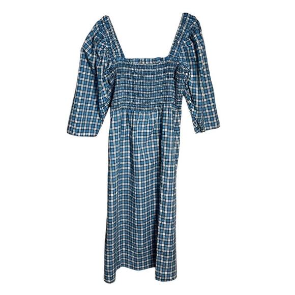 NWT Ganni Shirred Checked Cotton-blend Seersucker Midi Dress Blue DE 42 US 12 - Picture 5 of 10